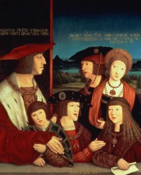 Maximilian I (1459-1519) med sin första hustru Maria av Bourgogne (1457-82) mellan dem deras son Filip I Spanien och kungen av Kastilien (den vackra) (1478-1506), hans söner Karl V (1500-58), Ferdinand I (150
